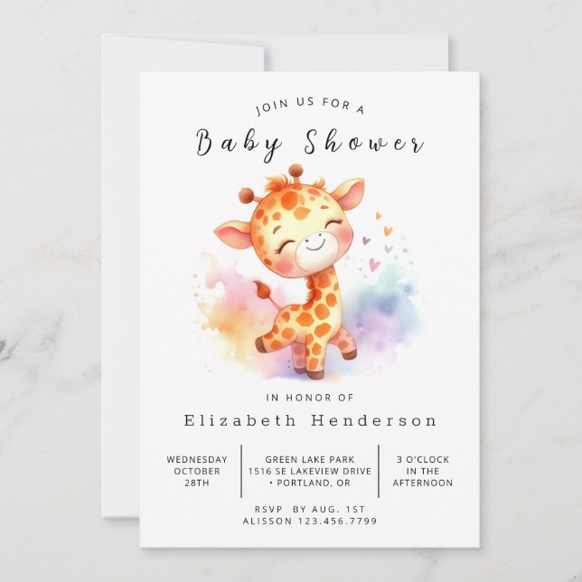 Invitación Elegante Baby Shower editable Giraffe (Anverso)