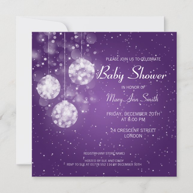 Invitación Elegante Baby Shower Festive Baubles Purple (Anverso)