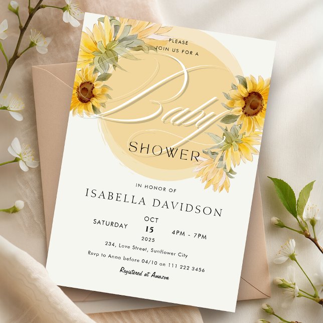 Invitación Elegante Baby Shower floral amarillo girasol (Elegant Sunflower Yellow Floral Baby Shower Invitation)