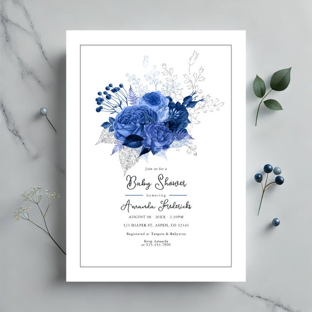 Invitación Elegante Baby Shower Floral Azul (Elegant Blue Floral Baby Shower Invitation)