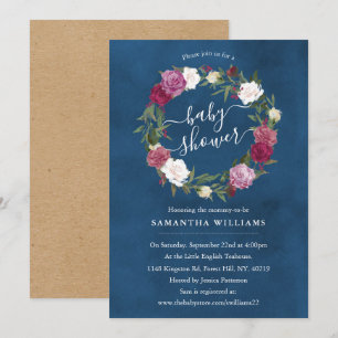 Invitación Elegante Baby Shower floral azul de la marina