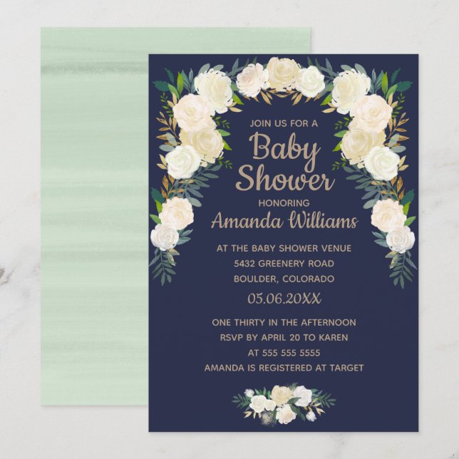 Invitación Elegante Baby Shower floral azul de la marina (Anverso / Reverso)