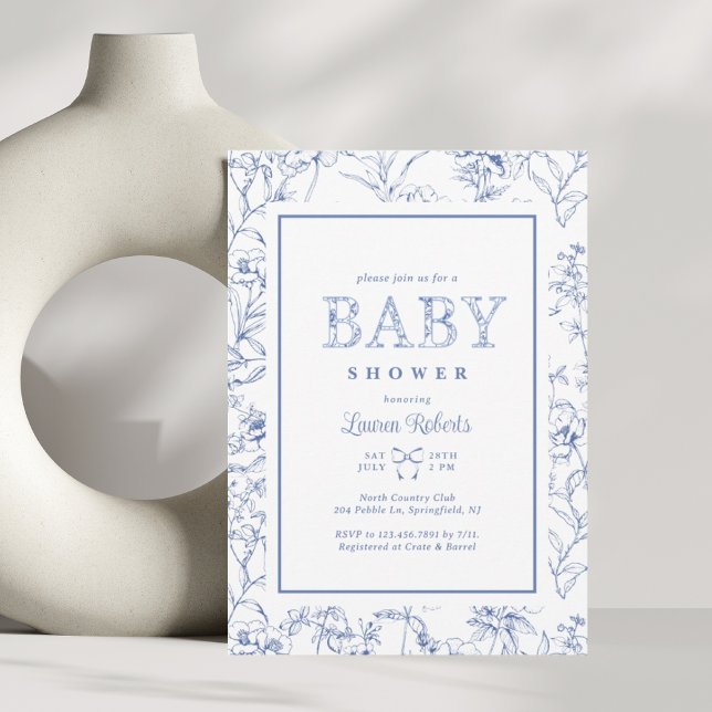 Invitación Elegante Baby Shower floral azul y blanco francés (Subido por el creador)