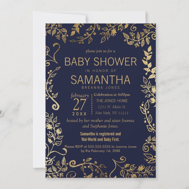 Invitación Elegante Baby Shower Floral Azul y Dorada de la Ma (Anverso)