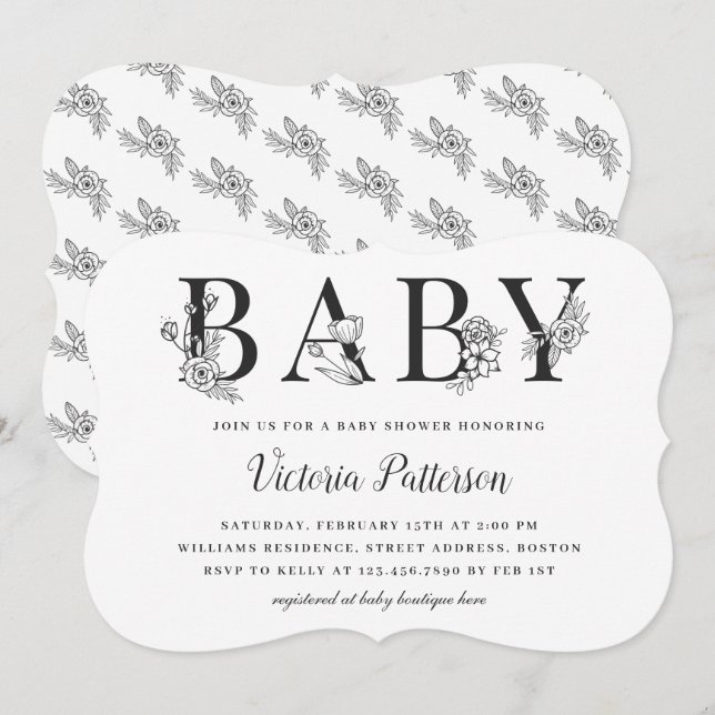 Invitación Elegante Baby Shower floral blanco y negro (Anverso / Reverso)