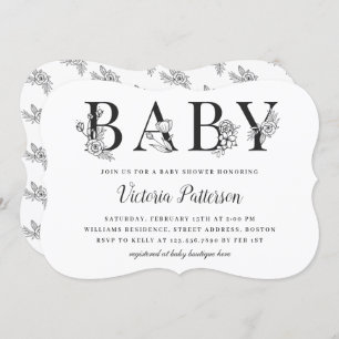 Invitación Elegante Baby Shower floral blanco y negro