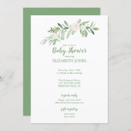 Invitación Elegante Baby Shower floral blanco y verde
