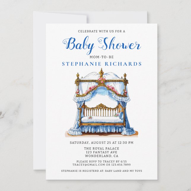 Invitación Elegante Baby Shower Floral Blue Crib (Anverso)