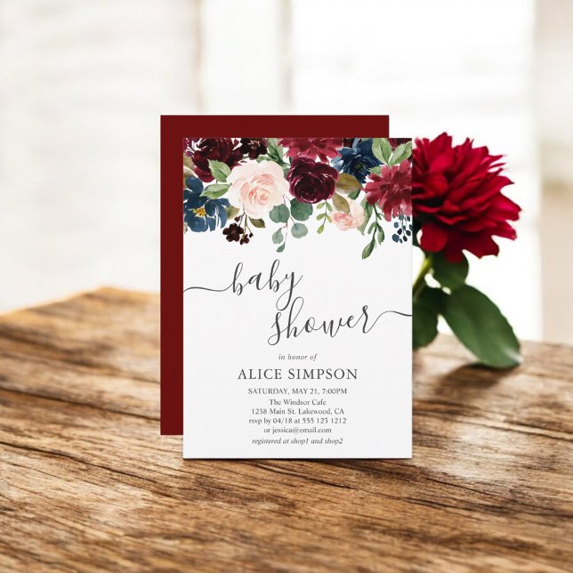 Invitación Elegante Baby Shower Floral Borgoña Y Azul (Subido por el creador)