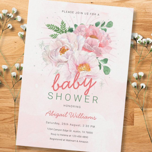 Invitación Elegante Baby Shower floral con peones rosados (Subido por el creador)