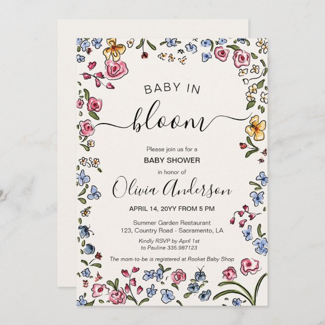 Invitación elegante Baby Shower floral crema (Anverso / Reverso)