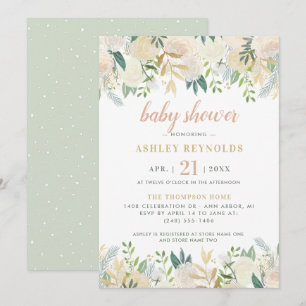 Invitación Elegante Baby Shower Floral Crema Verde Salvia