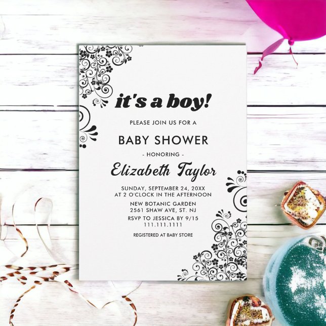 Invitación Elegante Baby Shower Floral De Boho Blanco Y Negro (Subido por el creador)
