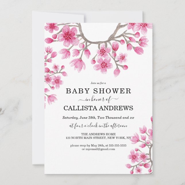 Invitación Elegante Baby Shower floral de cerezo japonés con  (Anverso)
