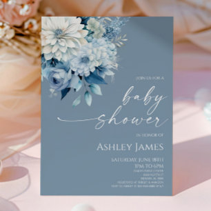 Invitación Elegante Baby Shower Floral de Flores Azul Polvori