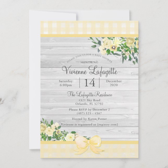 Invitación Elegante Baby Shower floral de Gingham amarillo (Anverso)