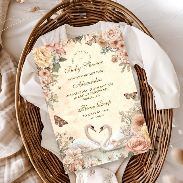 Invitación Elegante Baby Shower Floral de lago Swan (Subido por el creador)