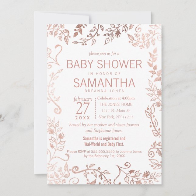 Invitación Elegante Baby Shower floral de oro rosa blanco (Anverso)