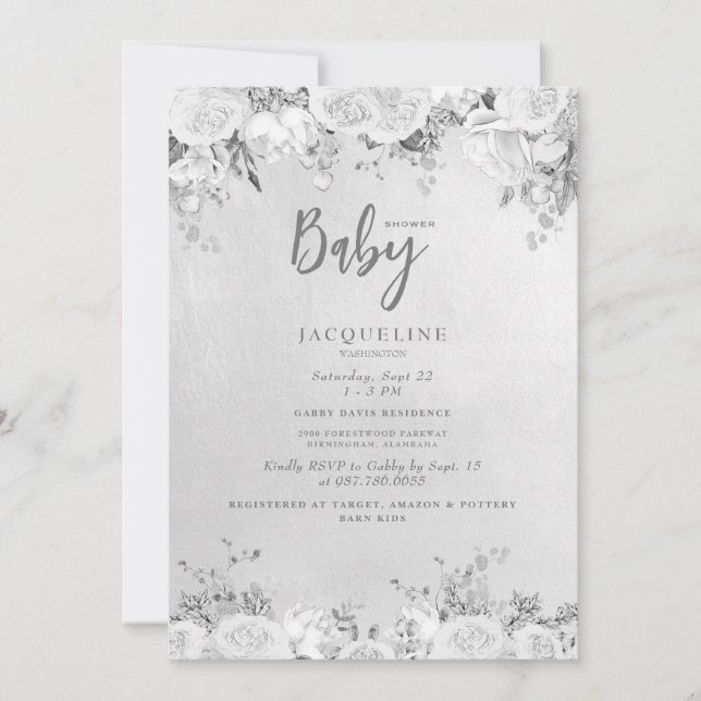 Invitación Elegante Baby Shower Floral de rosa blanca (Anverso)