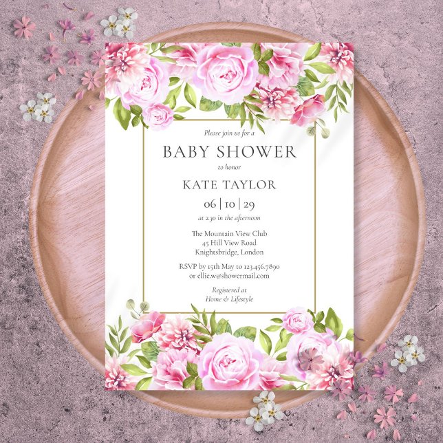 Invitación Elegante Baby Shower floral de rosas rosadas (Elegant Pink Roses Floral Baby Shower Invitation)
