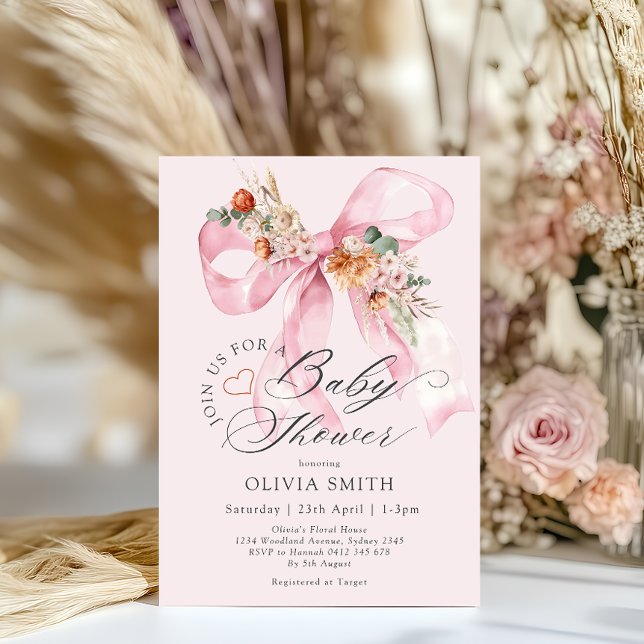 Invitación Elegante Baby Shower Floral Pink Bow (Subido por el creador)