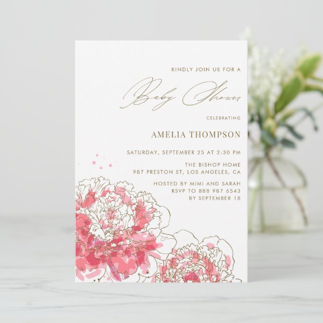 Invitación Elegante Baby Shower floral rosa moderno de peonie (Anverso de pie)