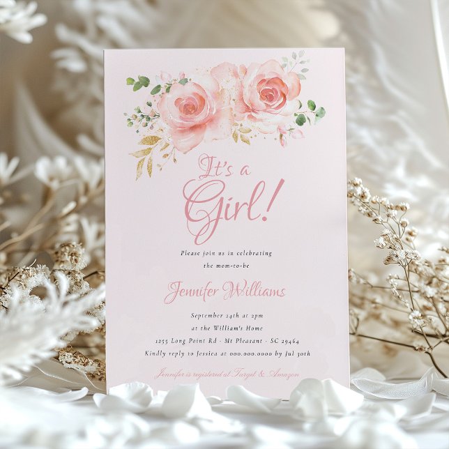 Invitación Elegante Baby Shower floral - rosa y dorado (Subido por el creador)