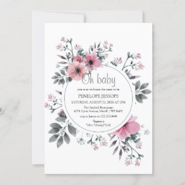 Invitación Elegante Baby Shower floral rosa y gris