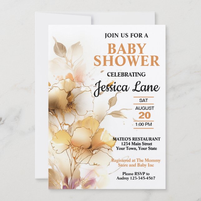 Invitación Elegante Baby Shower floral rústico (Anverso)