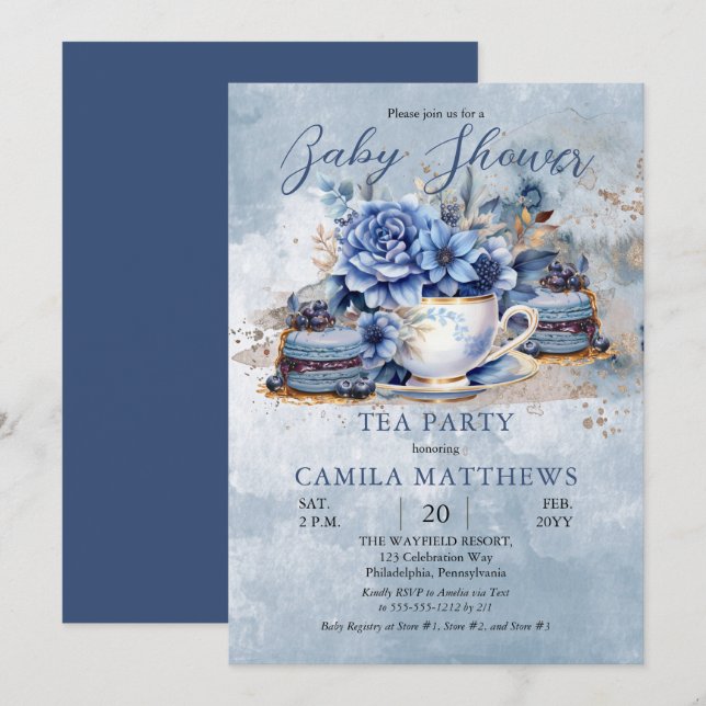 Invitación Elegante Baby Shower Floral Teacup (Anverso / Reverso)