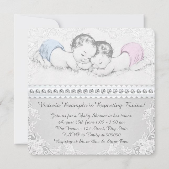 Invitación Elegante Baby Shower gemelo rosa y azul (Anverso)