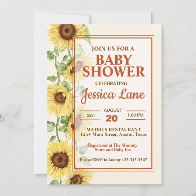Invitación Elegante Baby Shower girasol (Anverso)