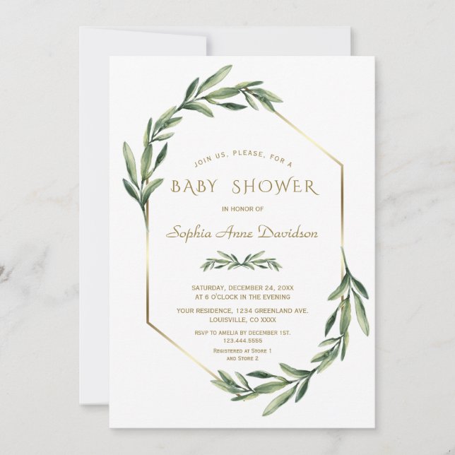 Invitación Elegante Baby Shower Gold Diamond Olive (Anverso)