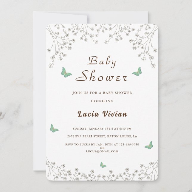 Invitación Elegante Baby Shower Golden Floral y mariposa (Anverso)