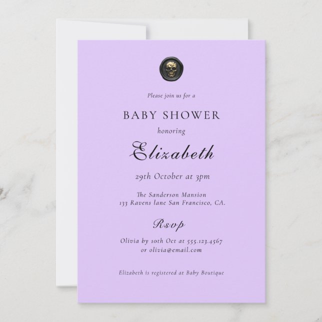 Invitación Elegante Baby Shower gótico morado (Anverso)