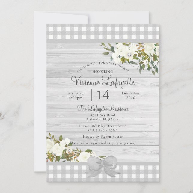 Invitación Elegante Baby Shower Gray Gingham Floral (Anverso)