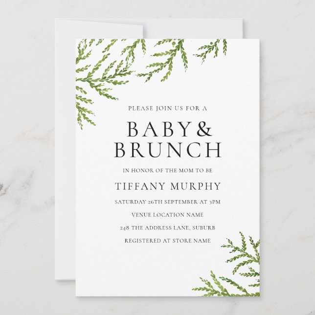 Invitación Elegante Baby Shower Green Leaf Baby & Brunch (Anverso)