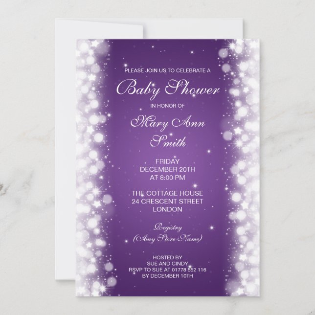 Invitación Elegante Baby Shower Magic Sparkle Purple (Anverso)
