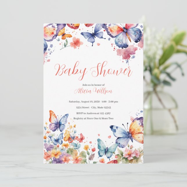 Invitación Elegante Baby Shower mariposa (Anverso de pie)