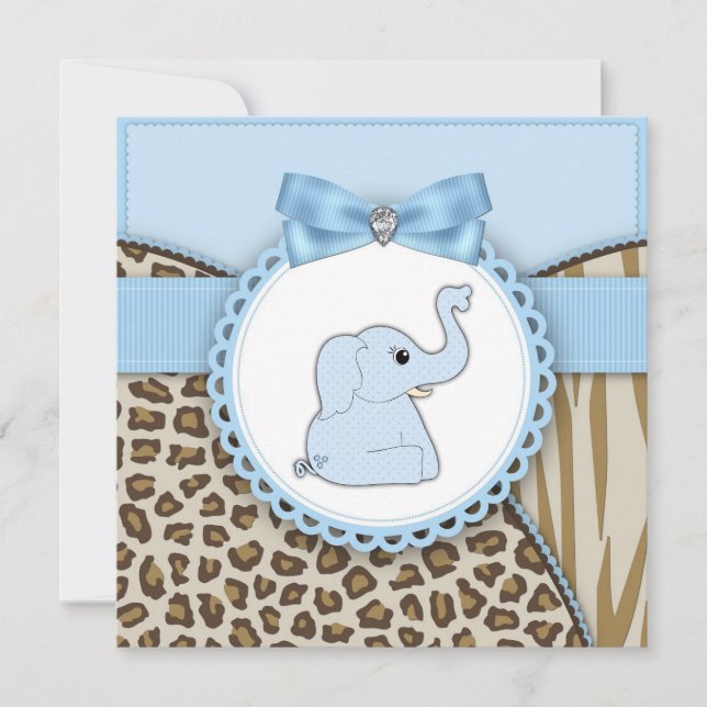 Invitación Elegante Baby Shower marrón y azul elefante (Anverso)