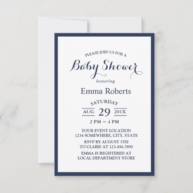 Invitación Elegante Baby Shower Minimalista azul de la marina (Anverso)
