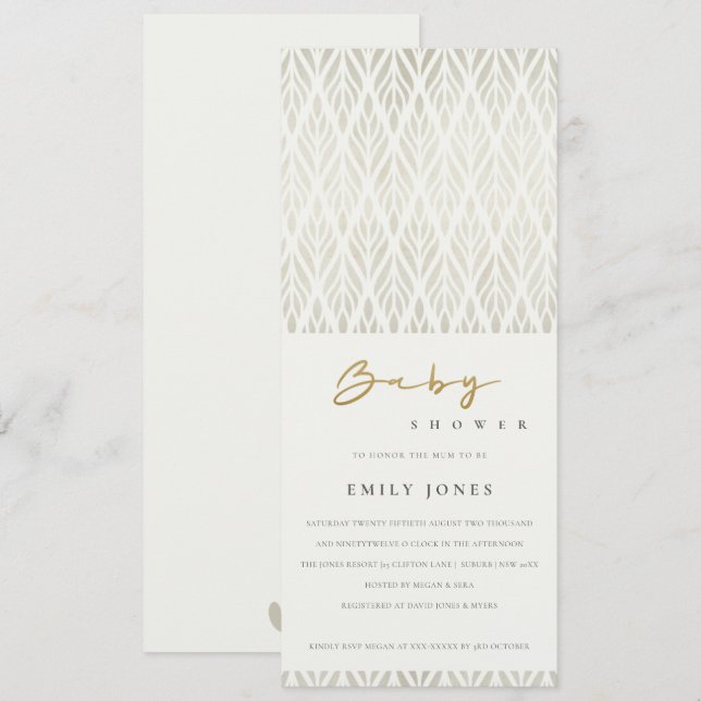 INVITACIÓN ELEGANTE BABY SHOWER MODERNO ART DECO BLANCO DE PL (Anverso / Reverso)