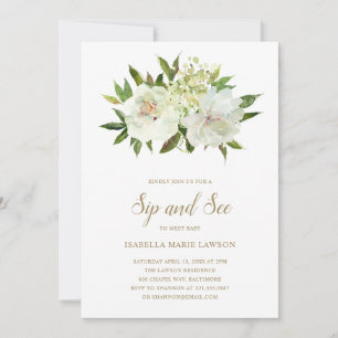 Invitación Elegante Baby Shower moderno con flores blancas de