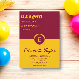 Invitación Elegante Baby Shower Monograma De Borgoña Y Oro