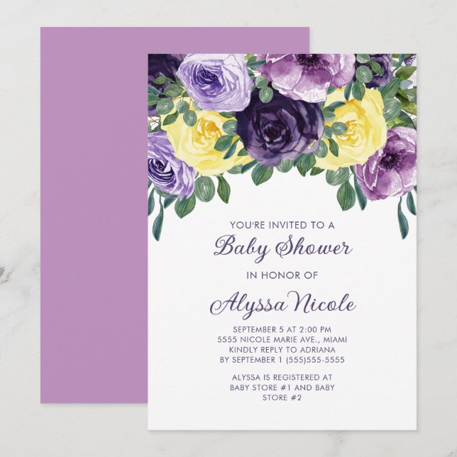 Invitación Elegante Baby Shower morado amarillo floral (Anverso / Reverso)