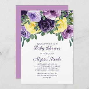 Invitación Elegante Baby Shower morado amarillo floral