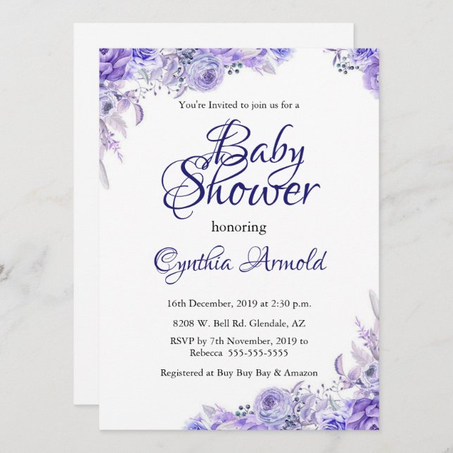 Invitación Elegante Baby Shower morado con flores (Anverso / Reverso)