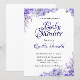Invitación Elegante Baby Shower morado con flores