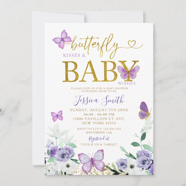Invitación Elegante Baby Shower morado y mariposa dorada (Anverso)