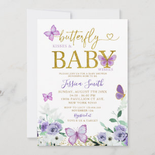 Invitación Elegante Baby Shower morado y mariposa dorada